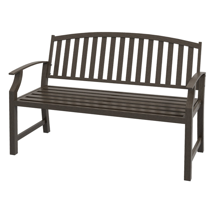 Outdoor Metal Garden Bench with Slatted Seat and Backrest - Elegant Design with Curved Armrests, Brown - Ideal for Conservatory, Poolside, or Deck Lounging