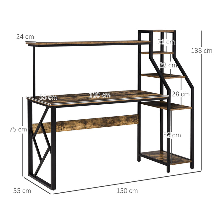 Industrial-Style Computer Desk - Home Office Study Table with 6-Tier Shelves and Rustic Brown Finish - Space-Saving Workstation for Small Areas