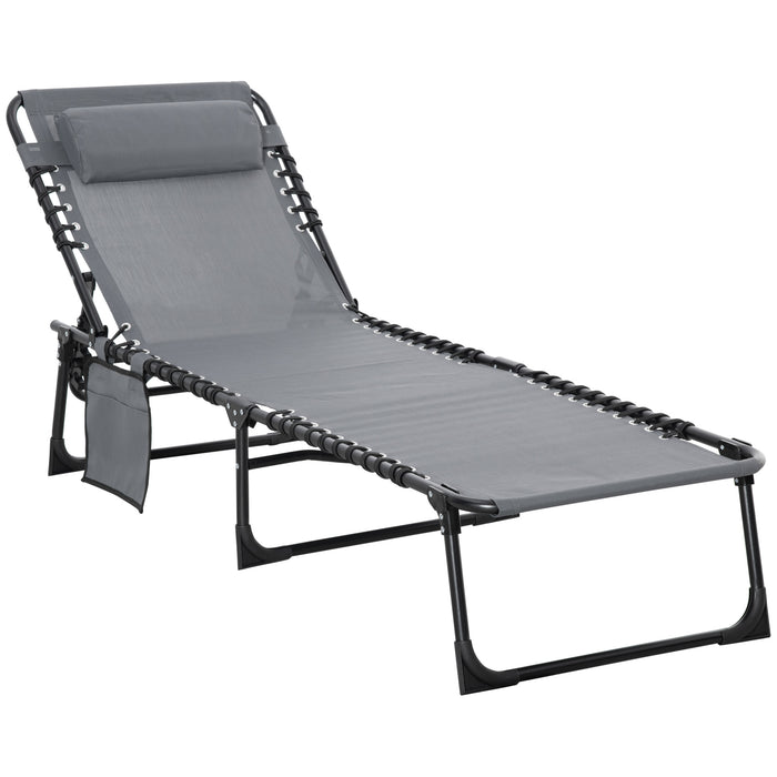 Portable Sun Lounger with Pillow - 5-Position Adjustable Reclining Lounge Chair and Folding Camping Bed Cot - Ideal for Patio, Beach, and Pool Relaxation, Grey