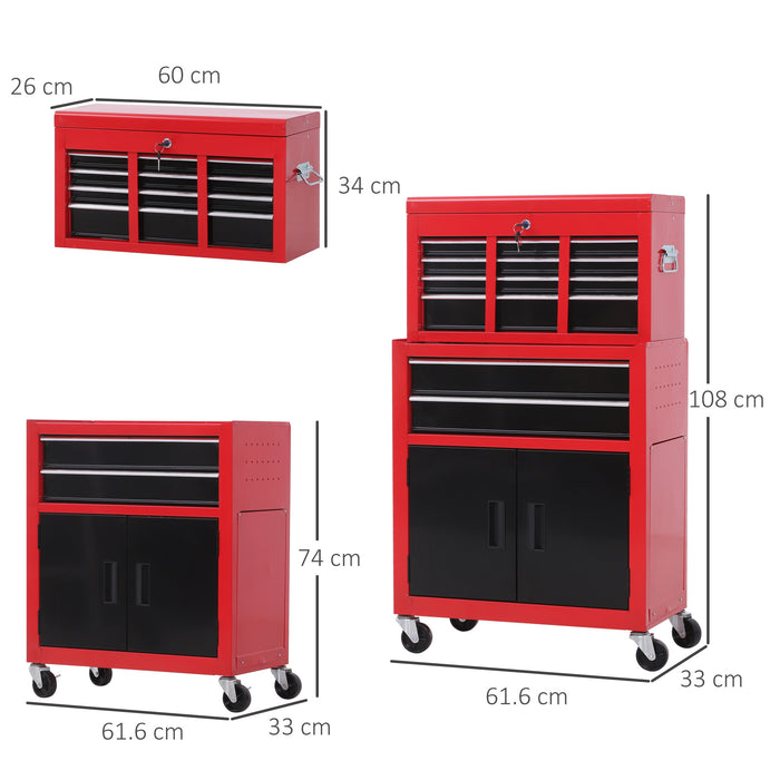 Metal Tool Chest on Wheels with 6 Drawers and Pegboard - Top Chest and Roller Cabinet Combination, 61.6 x 33 x 108cm in Red - Ideal for Workshops and DIY Enthusiasts