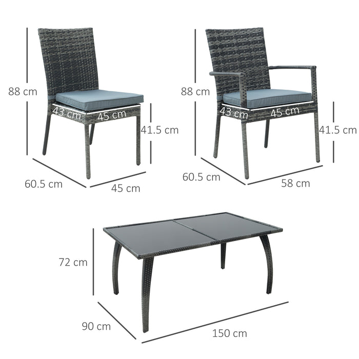 6-Seater Garden Dining Set - PE Rattan Wicker with Steel Frame, Large Glass Top Table & Curved Legs - Thick Cushions & Feet Pads, Outdoor Entertaining, Grey