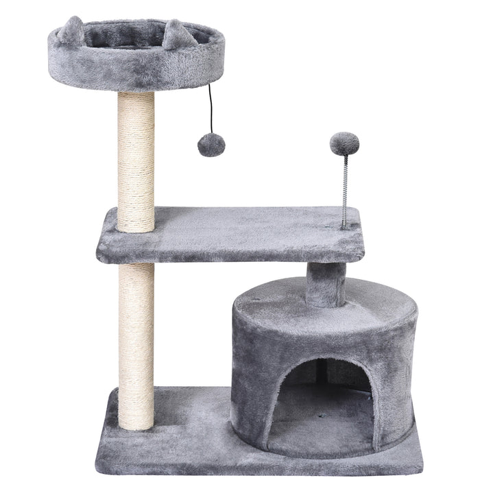 3-Tier Cat Tree with Sisal Rope Scratching Posts and Hanging Toys - Durable Grey Feline Activity Center - Ideal for Claw Maintenance and Play