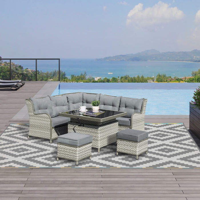 7-Seater PE Rattan Corner Sofa - Adjustable Patio Conversation Set with Rising Table & Wicker Sectional - Comfortable Outdoor Furniture with Cushions for Family and Guests