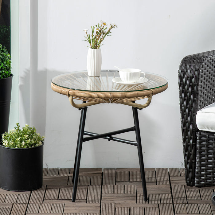 Round PE Rattan Side Table with Tempered Glass Top - Outdoor Coffee Table for Patio, Garden, Balcony - Durable and Stylish Furniture, Black