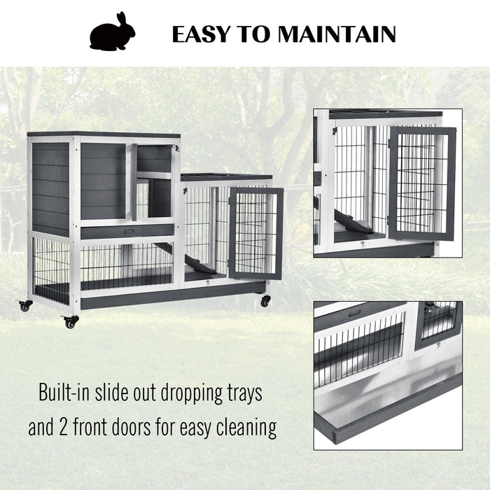 Elevated Wooden Guinea Pig Hutch with Enclosed Run - Wheeled Indoor Cage for Small Pets in Grey and White - Perfect Habitat for Rabbits and Guinea Pigs