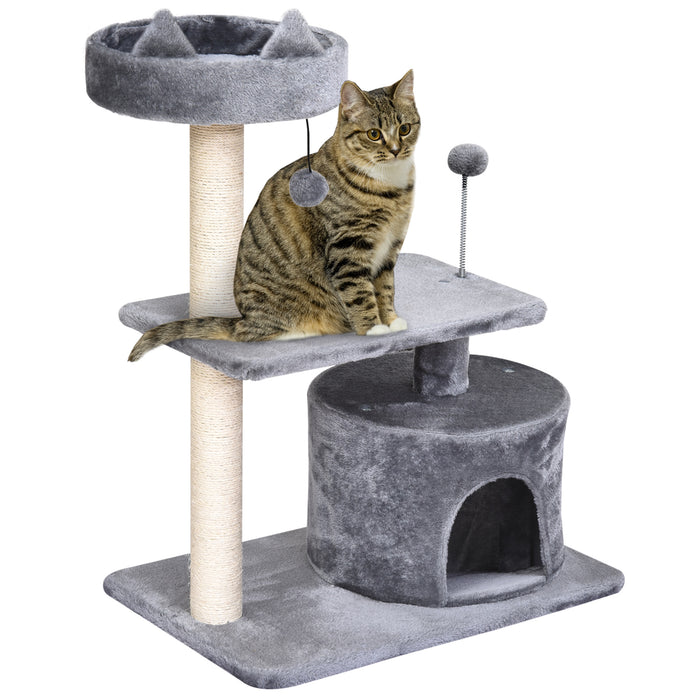 3-Tier Cat Tree with Sisal Rope Scratching Posts and Hanging Toys - Durable Grey Feline Activity Center - Ideal for Claw Maintenance and Play