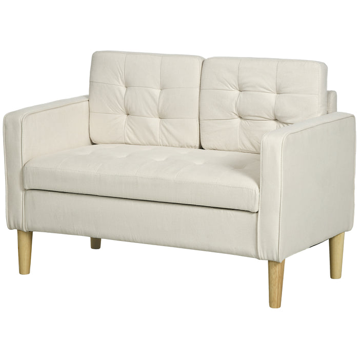 Compact Modern Loveseat - 2-Seater Tufted Cotton Sofa with Hidden Storage, 117cm, Cream White with Wood Legs - Ideal for Small Spaces and Cozy Corners