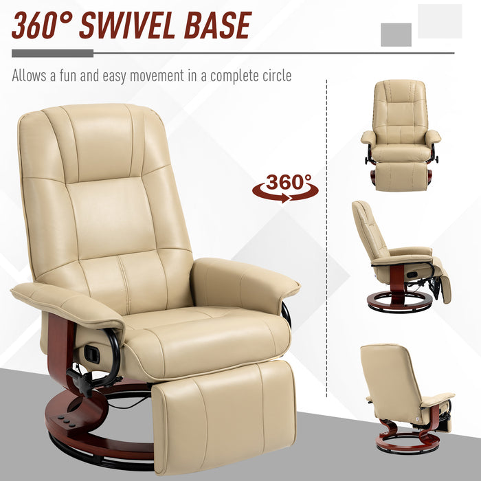 Faux Leather Swivel Recliner Chair with Wooden Base - Upholstered Reclining Armchair for Living Room and Bedroom - Comfortable Seating Solution in Cream