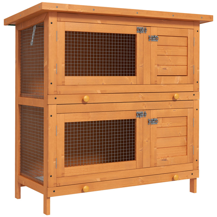 2-Tier Wooden Rabbit Hutch with Slide-Out Tray - Bunny Cage with Hinged Opening Roof - Ideal Small Animal House for Indoor Use