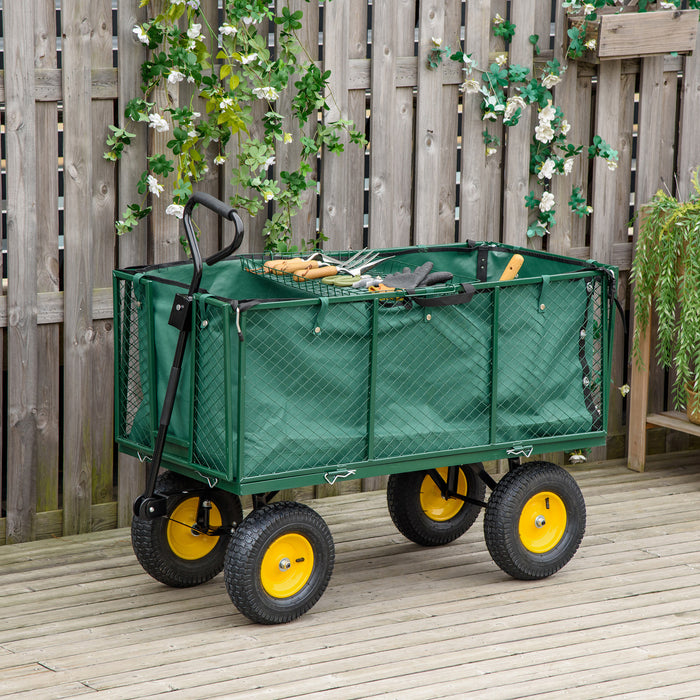 Heavy Duty Garden Trolley Cart with 4 Large Wheels - Durable Metal Frame Wheelbarrow with Handle, Green - Ideal for Gardening and Landscaping Transport Tasks