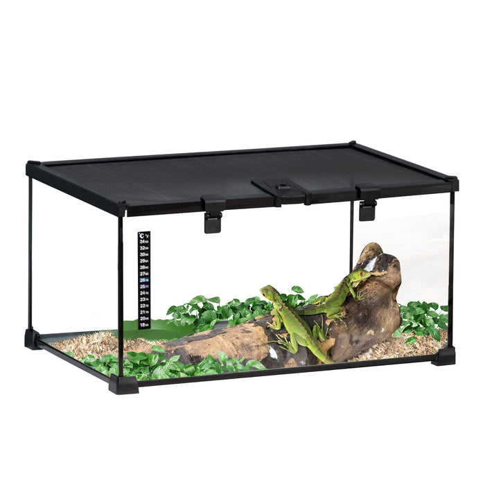 Reptile Glass Terrarium with Thermometer - 50x30x25cm Climbing Pet Enclosure, Breeding Tank - Ideal for Arboreal Animals, Black Finish