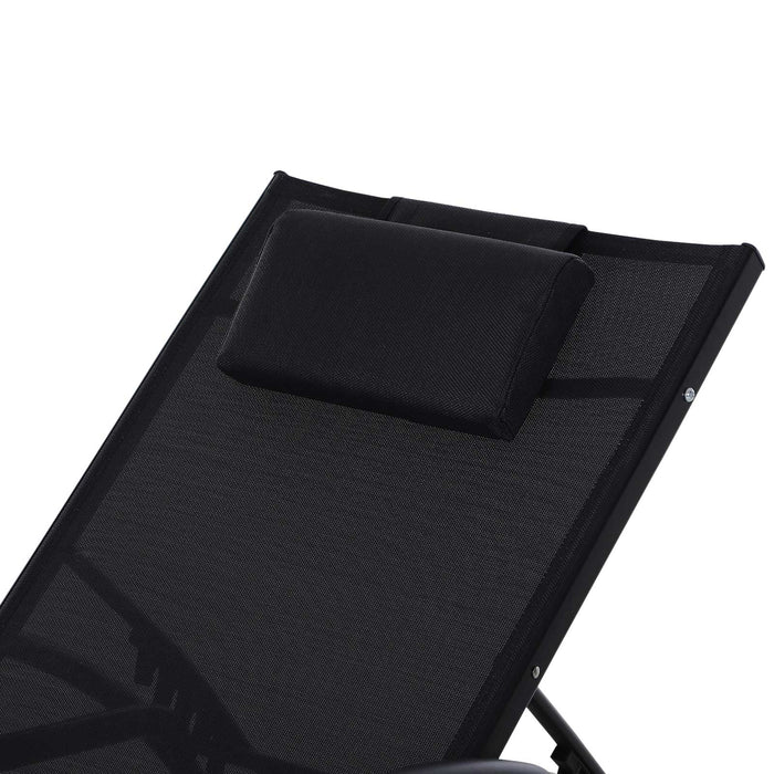 Adjustable Half Circle Sun Lounger with Armrest - Black Aluminium Frame and Textline Seat, Head & Footrest for Garden Patio - Includes Comfy Pillow for Outdoor Relaxation