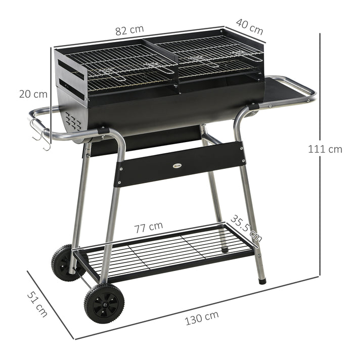 Charcoal BBQ Trolley with Double Grill and Height Adjustment - Outdoor Cooking Station with Side Table and Storage Shelf - Portable Garden Grill for Backyard Barbecues and Gatherings