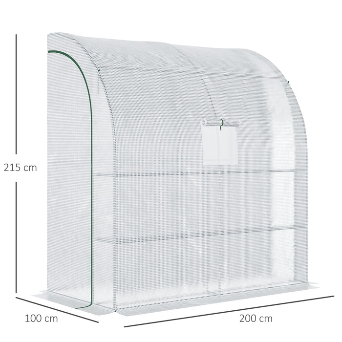 Walk-In Lean-to Polytunnel Greenhouse - 2-Tier Shelving, Windows, Doors, 200x100x215cm, White - Perfect for Plant Growth and Garden Space Maximization