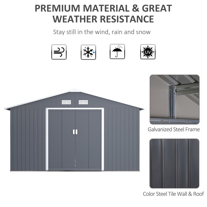 Foundation Ventilation Steel Shed - 13 x 11 ft Large Outdoor Storage, Grey - Ideal for Garden and Equipment Protection