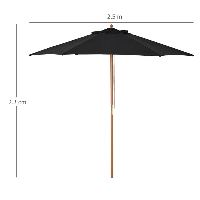 Wood Garden Parasol 2.5m - Outdoor Patio Sun Shade with Wooden Umbrella Stand, Black Canopy - Ideal for Home Backyard Comfort and UV Protection