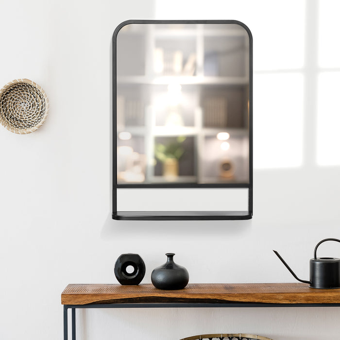 Modern Square Wall Mirror with Shelf - 70x50cm Reflective Surface, Storage Solution - Ideal for Living Room & Bedroom Decor, Sleek Black Finish