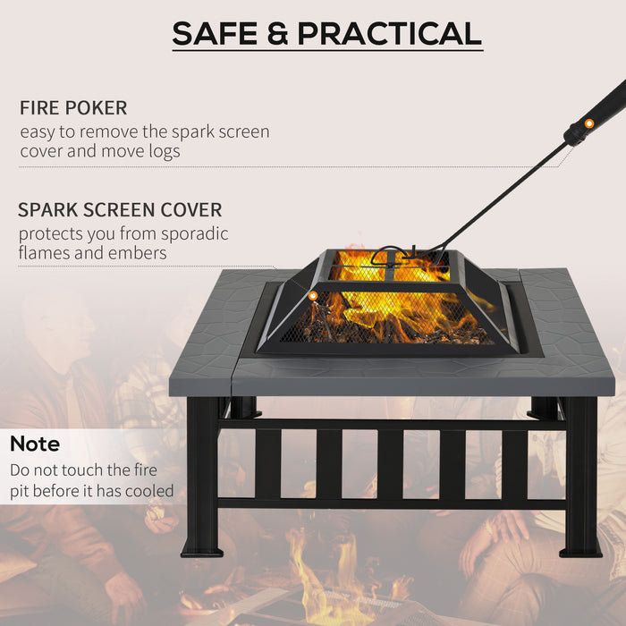 Outdoor Square Metal Firepit - Large Brazier with Rain Cover, Lid, and Log Grate for BBQ & Bonfires - Perfect for Backyard, Camping, 86 x 86 x 54cm, Black