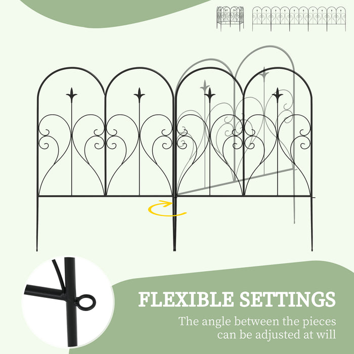 Decorative Metal Picket Fence Panels - Set of 5 with Heart-Shaped Scrollwork Design, Black Finish - Enhances Garden Aesthetics & Boundary Marking