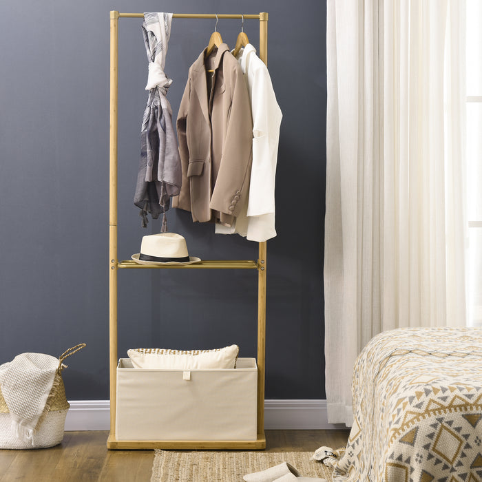 Bamboo Clothes Rail & Coat Stand with Shelves - Elegant Garment Rack with Fabric Storage Box - Ideal for Bedroom & Hallway Organization