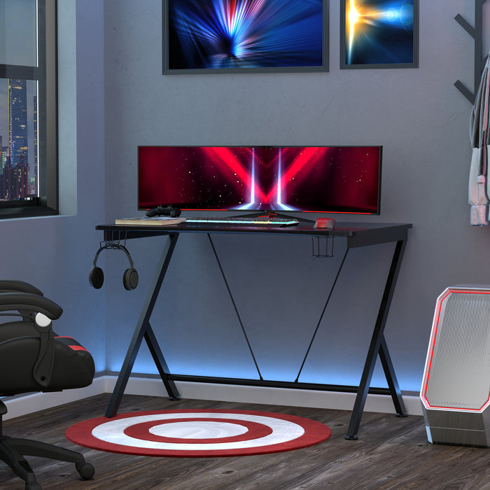 Gaming Desk with Sturdy Metal Frame - Ergonomic Computer Table with Cup Holder, Headphone Hook & Cable Management - Ideal for Gamers and Home Office Use