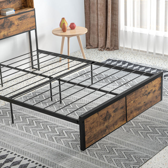 Double Industrial Bed Frame with Storage - 4.8FT Steel Base, Headboard, and Footboard - Ideal for Maximizing Bedroom Space, Rustic Brown, 145x209cm