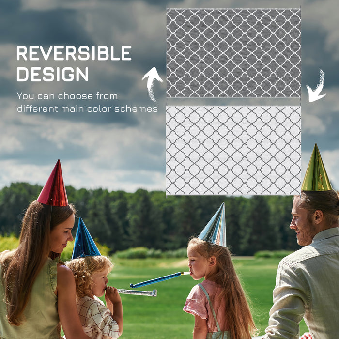 Reversible Outdoor Rug with Accessories - Waterproof Plastic Straw Mat, Carry Bag & Ground Stakes for Backyard, Deck, RV, Picnic, Camping - Ideal for Outdoor Activities & Travel in Grey & White