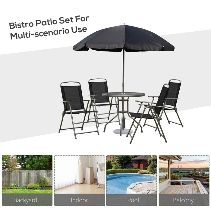 6-Piece Outdoor Bistro Set - Texteline Folding Chairs, Table, and Umbrella in Black - Ideal Patio Furniture for Garden and Dining