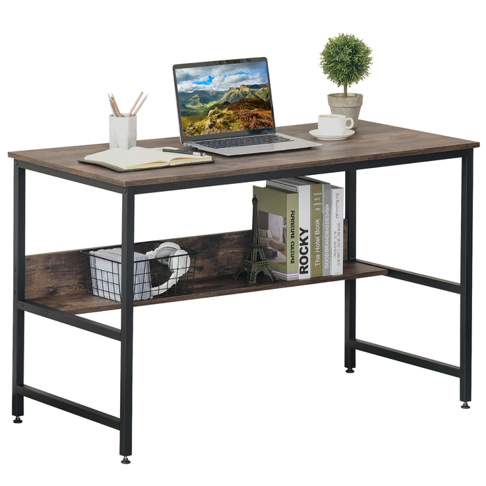 Adjustable Home Office Desk with Storage Shelf - Sturdy Metal Frame and Rustic Brown Finish - Ideal for Laptop Use, Study, and Writing Workstations