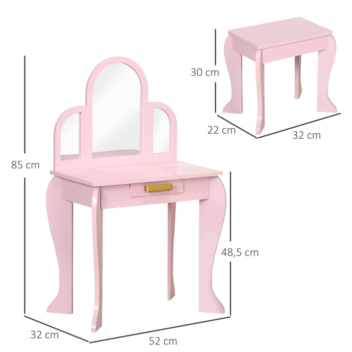 Kids Vanity Set with Stool and Mirror - Dressing Table with Drawer, Girls' Pink Makeup Desk - Perfect for 3-6 Year Old Children's Playtime and Creativity