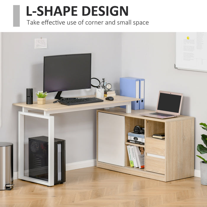 L-Shaped Oak Beige White Desk - Home Office Computer Workstation with Storage Shelf and Drawer - Space-Saving Corner Writing Table for Professionals