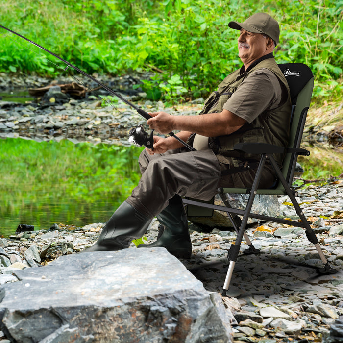 Foldable Metal Outdoor Fishing Chair with Adjustable Legs - Sturdy & Comfortable Design in Green/Black - Ideal for Anglers and Outdoor Enthusiasts