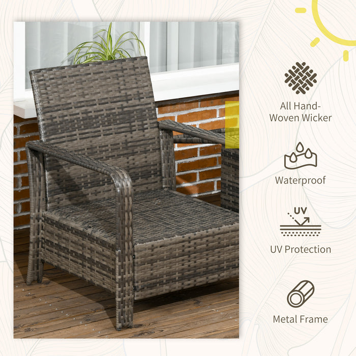 PE Rattan Wicker Bistro Set - 3-Piece Garden Furniture with Storage Table, Sofa, and Chairs - Ideal for Patio and Conservatory with Grey Cushions