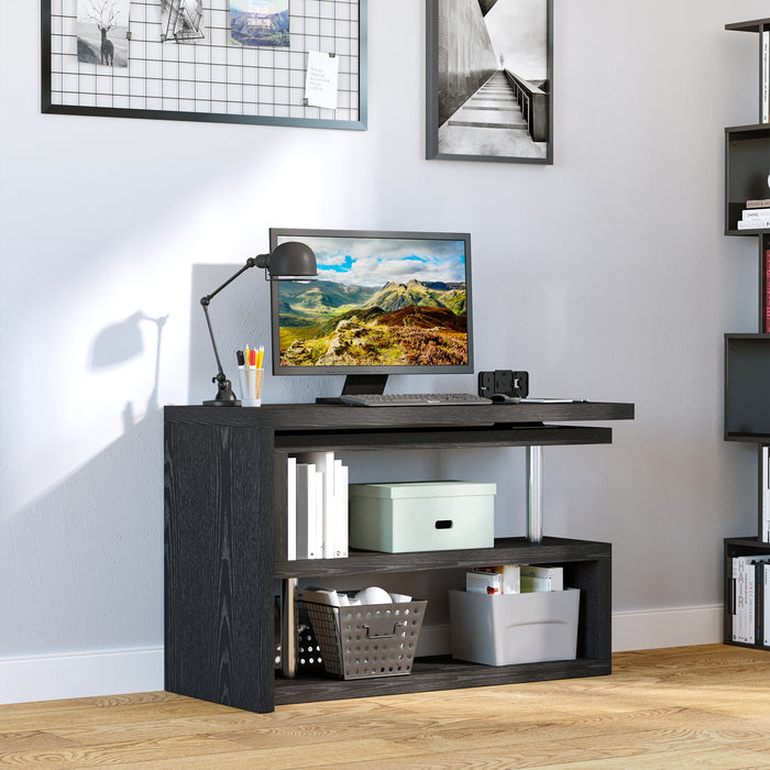 Rotating L-Shaped Corner Desk - 360° Swivel Home Office Computer Workstation with Storage Shelf - Space-Saving Writing Table for Professionals and Students