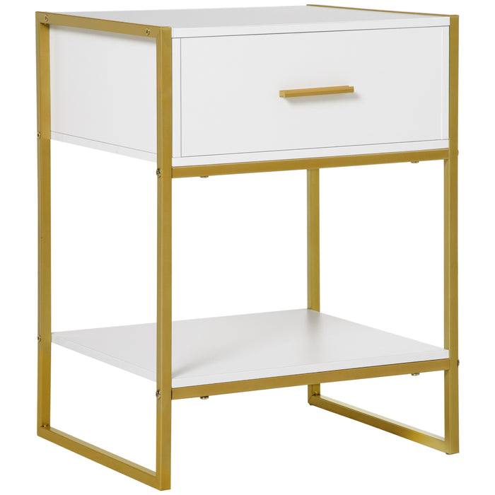 Modern White and Gold Bedside Table with Drawer - Elegant Cabinet with Shelf for Storage Organization - Ideal for Bedroom and Living Room Spaces