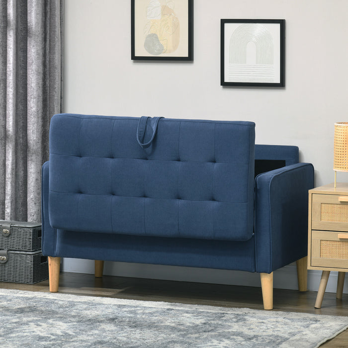 Compact 2-Seater Loveseat with Storage - Modern Tufted Cotton Sofa, Wooden Legs in Blue - Ideal for Small Spaces & Adding Extra Storage