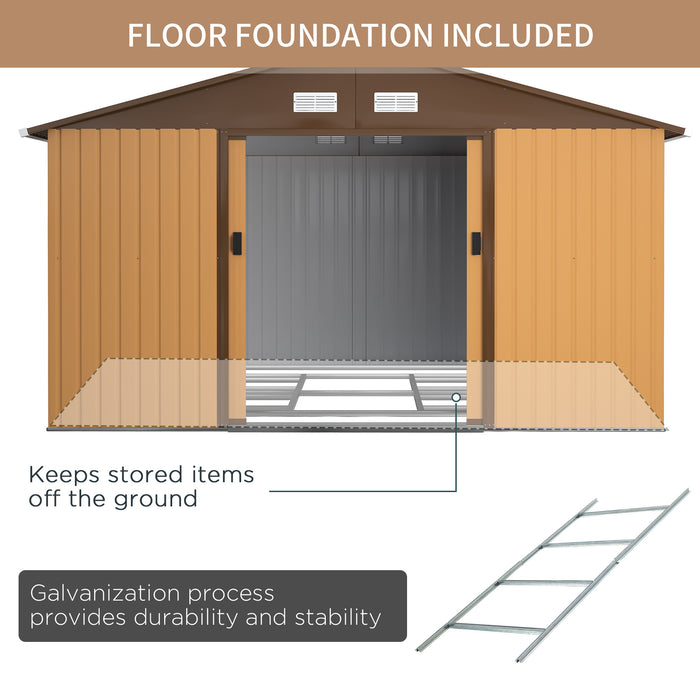 Large Metal Garden Shed 13x11 ft - Patio Tool Storage with Ventilation and Sliding Doors, Yellow - Ideal for Outdoor Equipment Organization