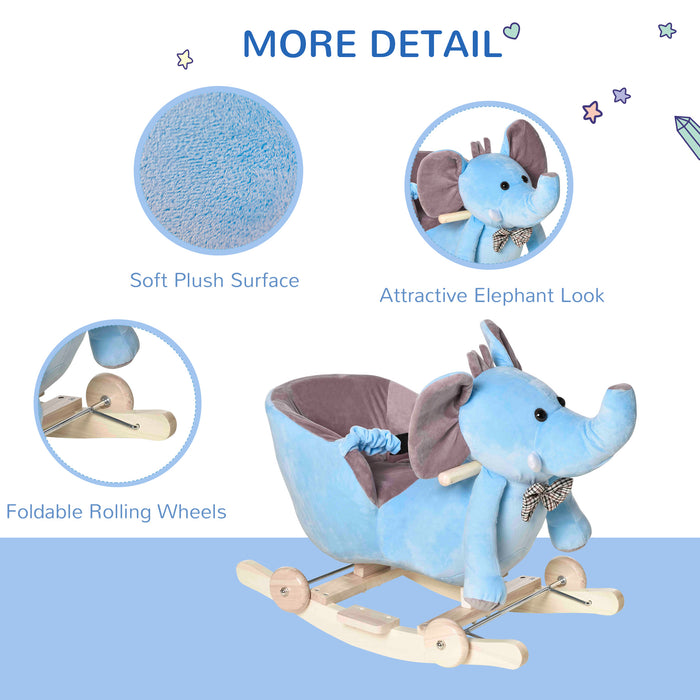 Plush Elephant Rocking Horse with Wheels for Toddlers - 2-In-1 Convertible Wood Base Rocker, 32 Melodies - Interactive Toy for Kids, Soft Plush Finish in Blue