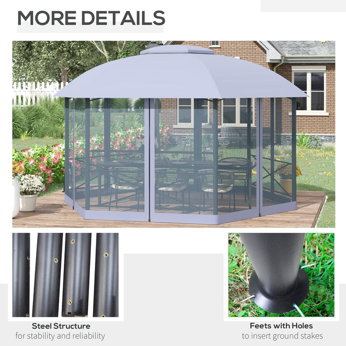 Hexagon Metal Gazebo Canopy 4x4.7m - Outdoor Patio Shelter with 2-Tier Roof and Netting, Steel Frame in Grey - Elegant Sun Shade for Garden Spaces