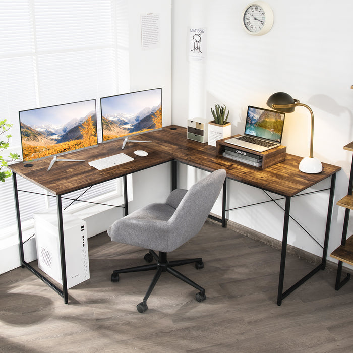 Corner Office Desk - Reversible Study and Writing Workstation with Monitor Stand in Grey - Ideal for Students and Home Office Setup