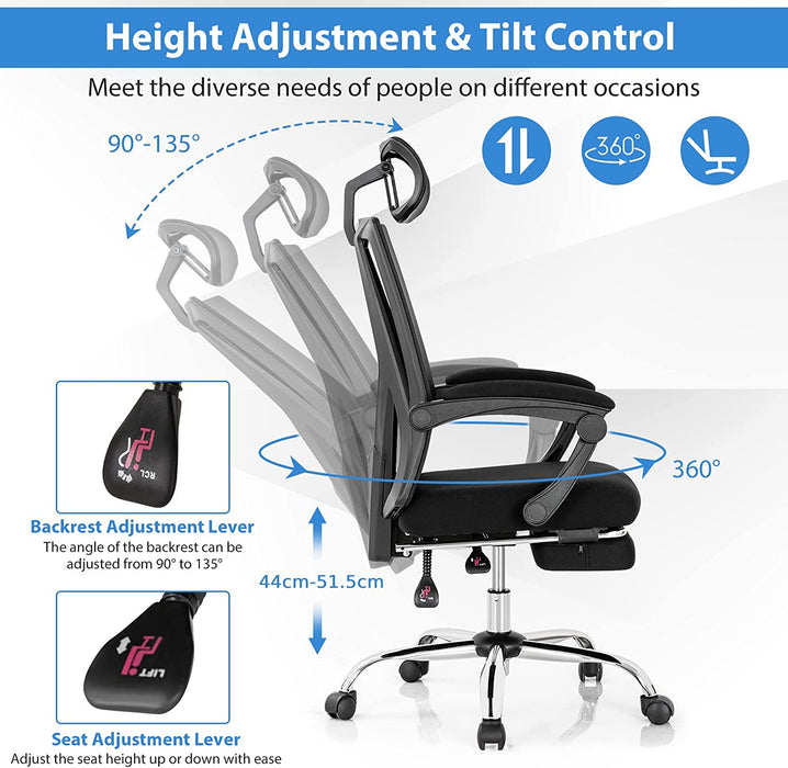 Ergonomic Office Chair - Recliner Mesh Design with Retractable Footrest - Perfect for Corporate Environment and Comfort Oriented Home Offices