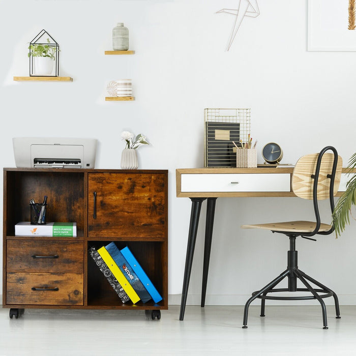 Mobile File Cabinet for Home Office - 2-Drawer Structure with 2 Open Shelves and Door, Rustic Brown - Ideal for Organizing Documents and Office Supplies