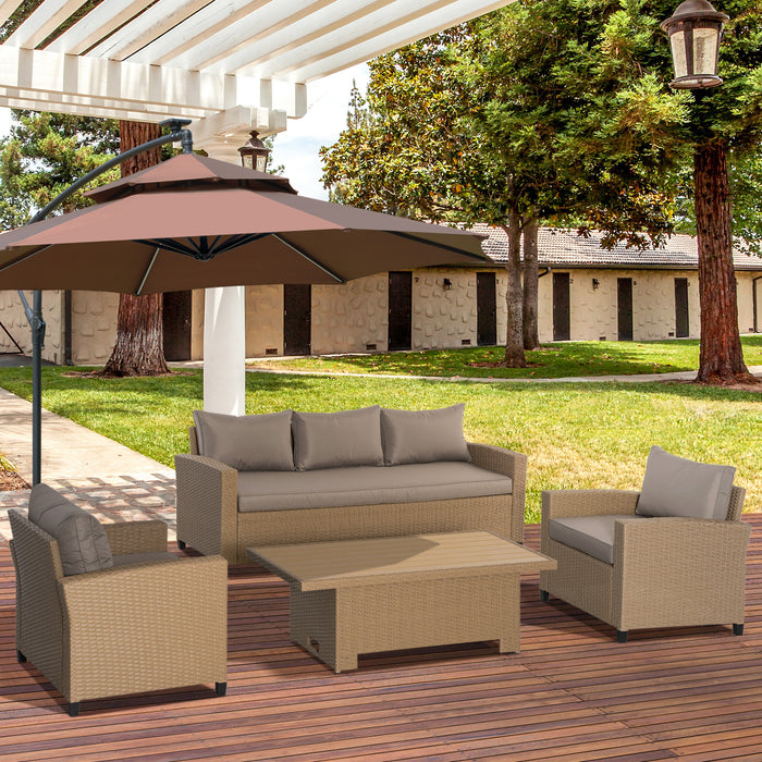 5-Seater PE Rattan Sofa Set - Outdoor Patio Conversation Ensemble with Aluminium Frame and Wood-Grain Plastic Table in Khaki - Perfect for Garden Entertaining and Lounging