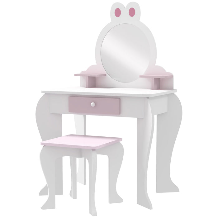 Bunny-Design Children's Vanity Set - Play Dressing Table with Mirror and Matching Stool, White and Pink - Perfect for Creative Play and Dress-Up Fun