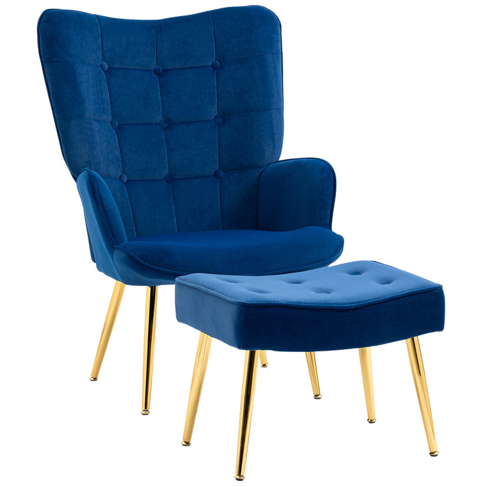 Modern Button Tufted Wingback Armchair with Footstool - Upholstered Dark Blue Accent Chair, Gold Tone Steel Legs - Elegant Seating Solution for Contemporary Home Decor