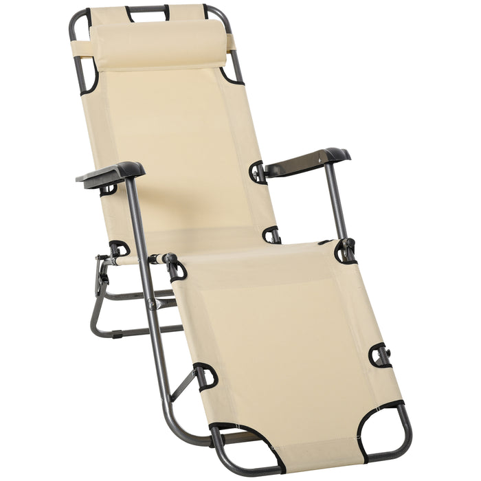 2 in 1 Sun Lounger with Adjustable Back - Folding & Reclining Chair for Garden and Outdoor Camping - Beige with Pillow for Comfort