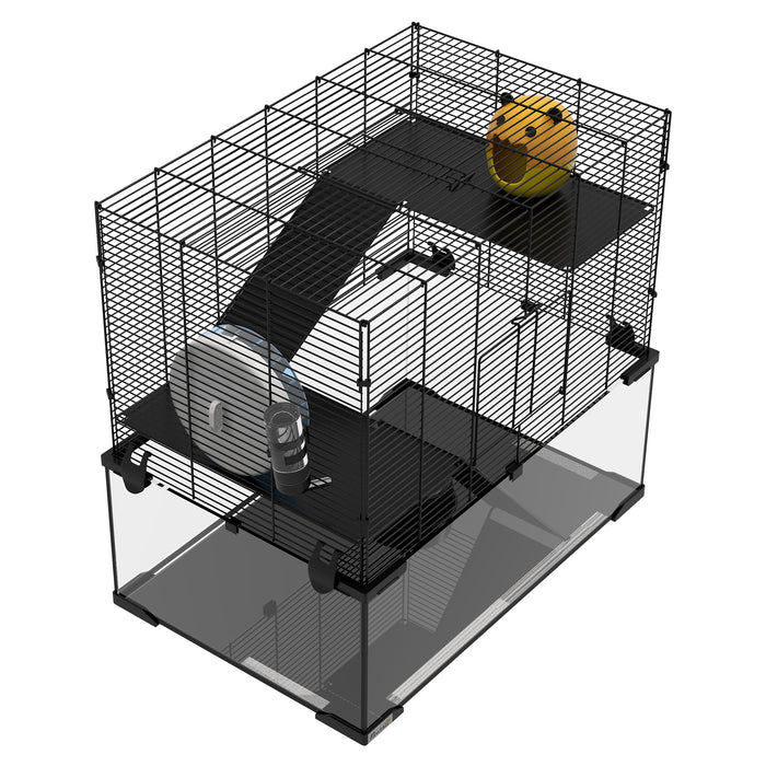 3-Tier Glass Bottom Hamster Habitat - Sturdy Cage with Non-Slip Ramps, Platforms, Hut, Exercise Wheel & Water Bottle - Ideal for Syrian & Dwarf Hamsters