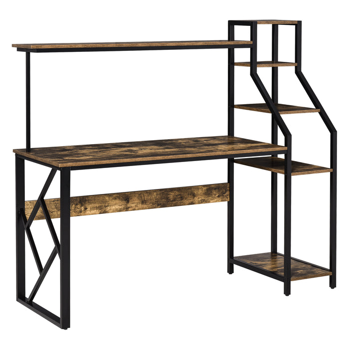 Industrial-Style Computer Desk - Home Office Study Table with 6-Tier Shelves and Rustic Brown Finish - Space-Saving Workstation for Small Areas