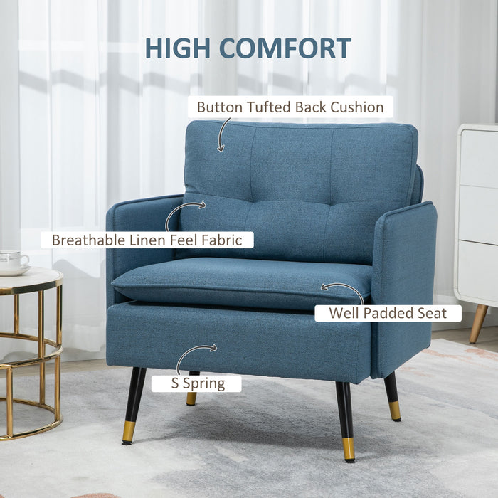 Upholstered Button Tufted Accent Chair with Steel Legs - Modern Armchair for Living Room and Bedroom, Dark Blue - Stylish Seating Solution for Home Comfort