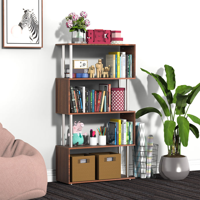 4-Tires Wooden S-Shape Bookshelf - Contemporary Storage & Display Unit with Steel Frame - Ideal for Living Room, Bedroom, Office in Walnut Finish